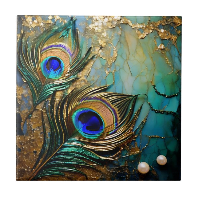 Azulejo De Cerâmica Peacock feather rosetas marmoreadas (Frente)