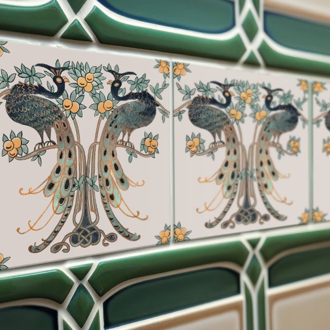 Azulejo De Cerâmica Peacock & Fruta por Mabel C. Dibble Art Deco (Criador carregado)