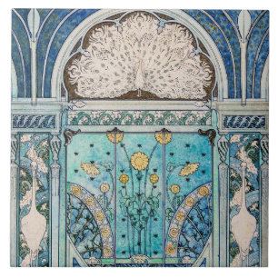 Azulejo De Cerâmica Peacock, gruas e girassóis Art Nouveau