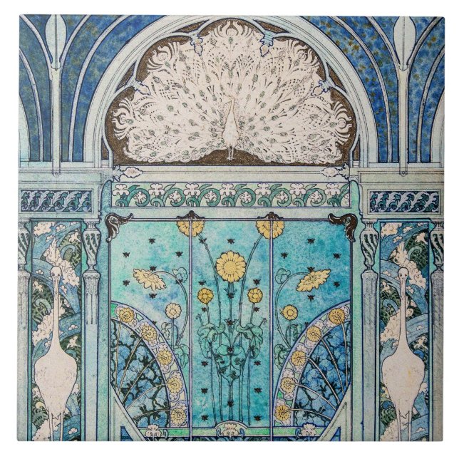 Azulejo De Cerâmica Peacock, gruas e girassóis Art Nouveau (Frente)