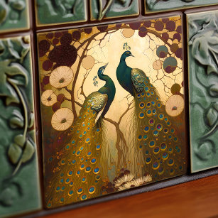 Azulejo De Cerâmica Peacock Klimt Dourado Muro Verde Arte Nouveau