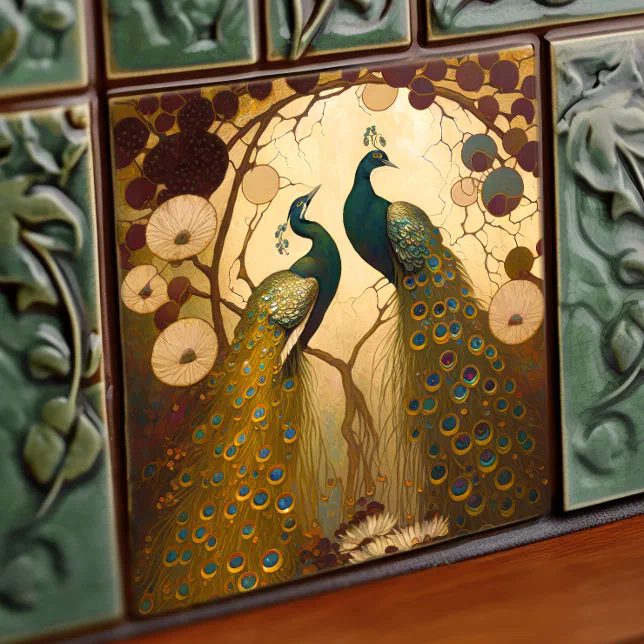 Azulejo De Cerâmica Peacock Klimt Dourado Muro Verde Arte Nouveau