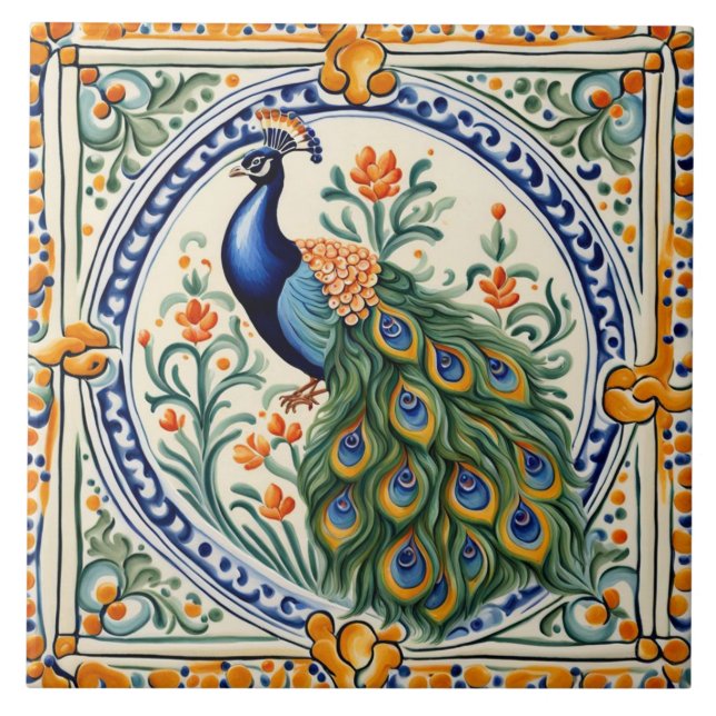 Azulejo De Cerâmica Peacock Mediterrâneo Amarelo e Azul Folha Floral (Frente)