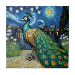 Azulejo De Cerâmica Peacock na Noite Estrelada por Van Gogh