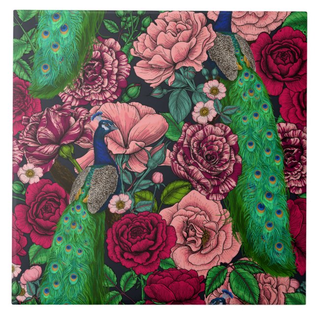 Azulejo De Cerâmica Peacocks no rosa 2 (Frente)