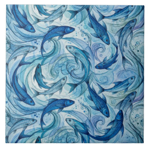 Azulejo De Cerâmica Peixe Azul Místico Fluindo Harmonia
