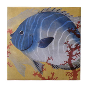 Azulejo De Cerâmica Peixe Azul Tropical Vida Marinha Coral Vintage
