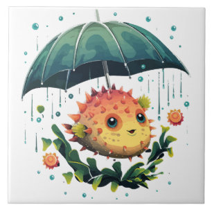 Azulejo De Cerâmica Peixe Baiacu Dia Chuvoso Com Guarda-Chuva