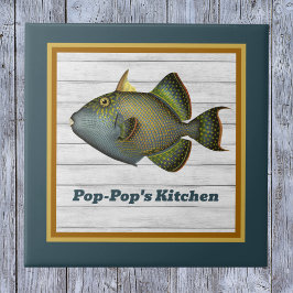 Azulejo De Cerâmica Peixe-boia no Dourado profundo e laranja com nome