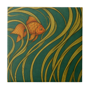 Azulejo De Cerâmica Peixe Dourado Art Nouveau