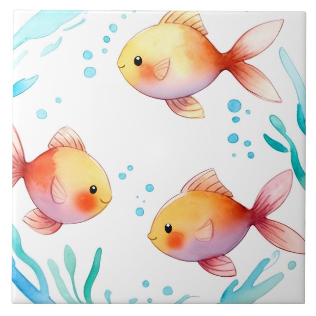 Azulejo De Cerâmica Peixe Dourado Cinto Aquoso Oceano Náutico (Frente)