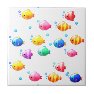 Azulejo De Cerâmica Peixe feliz colorido com bolhas