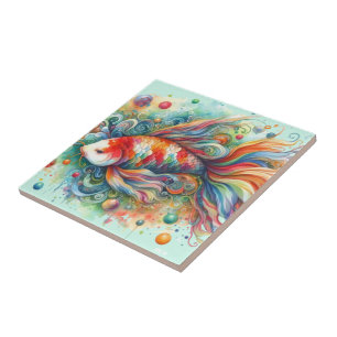 Azulejo De Cerâmica Peixe-Koi Colorido Aquarela Laranja