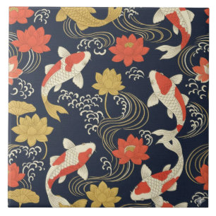 Azulejo De Cerâmica Peixe Koi Elegante e Padrão de Lótus