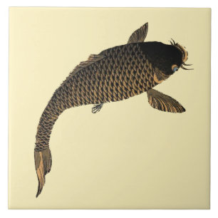 Azulejo De Cerâmica Peixe Koi japonês Vintage por Toyohara Chikanobu