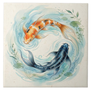 Azulejo De Cerâmica Peixe Koi Yin Yang em Aquarela
