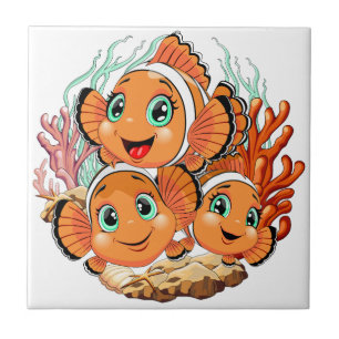 Azulejo De Cerâmica Peixe palhaço Desenho animado Fofo Família Subaquá