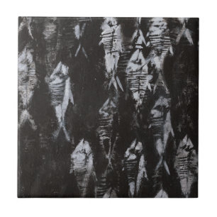 Azulejo De Cerâmica Peixes Brancos Fósseis em Fundo Negro