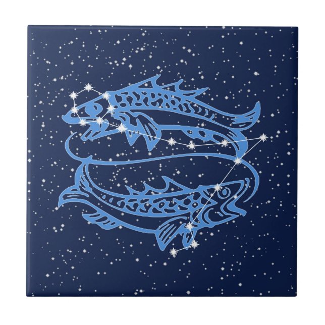 Azulejo De Cerâmica Peixes Constelação e Sinal do Sol com Estrelas (Frente)