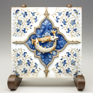 Azulejo De Cerâmica Peixes Dourados Brancos Azuis Medievais
