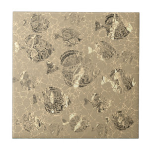 Azulejo De Cerâmica Peixes Dourados - Coleção de Arte de Desenho - O