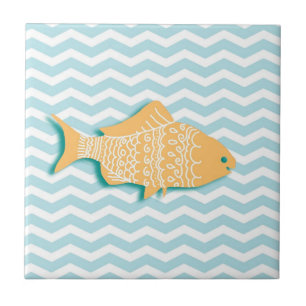 Azulejo De Cerâmica Peixes dourados com fenda azul de menta