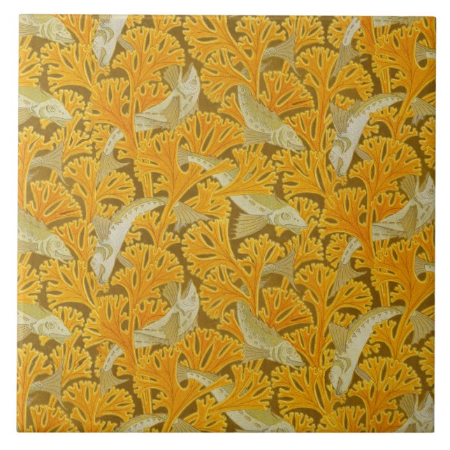 Azulejo De Cerâmica PEIXES E ALGARES MARÍTIMO AMARELO Art Nouveau Padr (Frente)