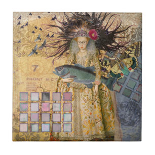 Azulejo De Cerâmica Peixes Mulher Vintage Gótico Clássico