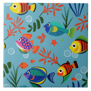 Azulejo De Cerâmica Peixes Tropicais Coloridos Submarinos