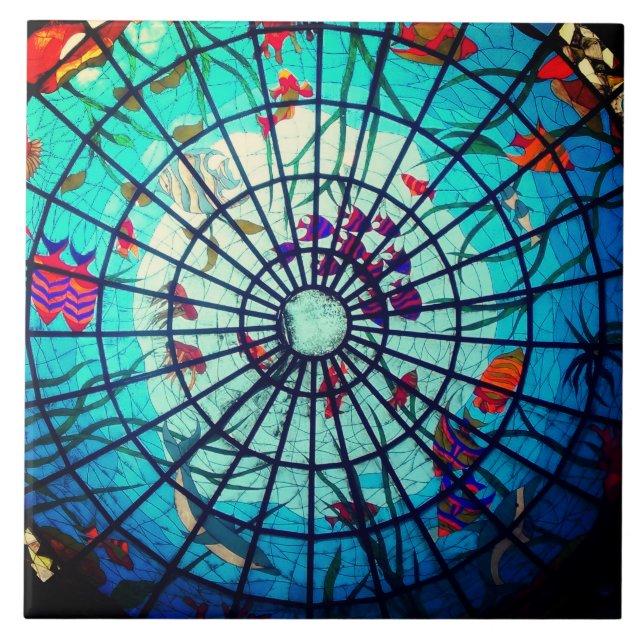 Azulejo De Cerâmica Peixes tropicais de vidro retido (Frente)