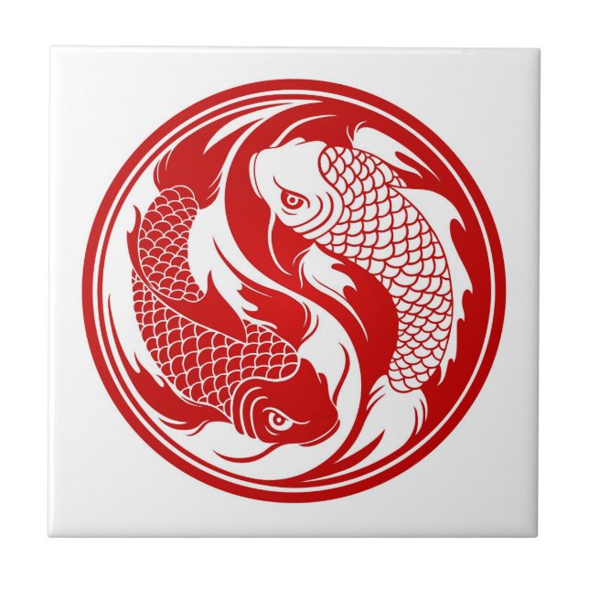 Azulejo De Cerâmica Peixes vermelhos e brancos de Yin Yang Koi (Frente)