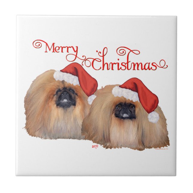 Azulejo De Cerâmica Pekingese Feliz Natal (Frente)