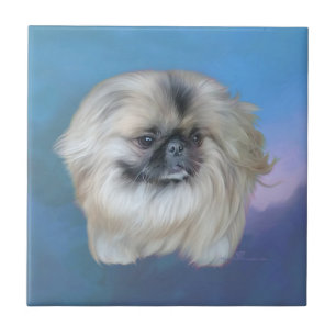Azulejo De Cerâmica Pekingese Lily em Azul