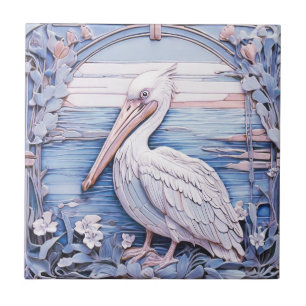 Azulejo De Cerâmica Pelican Sea Bird Art Nouveau Faux Alivio Esquerdo 