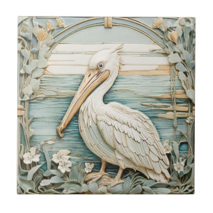 Azulejo De Cerâmica Pelican Sea Bird Art Nouveau Faux Alivio Mint