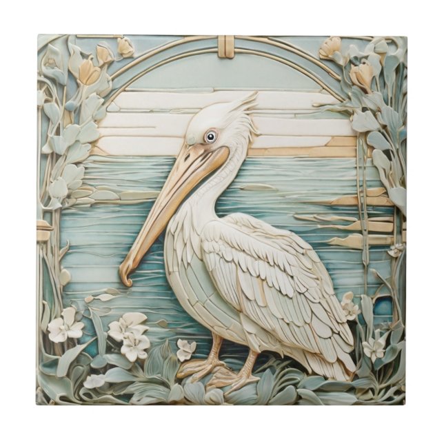 Azulejo De Cerâmica Pelican Sea Bird Art Nouveau Faux Alivio Mint (Frente)