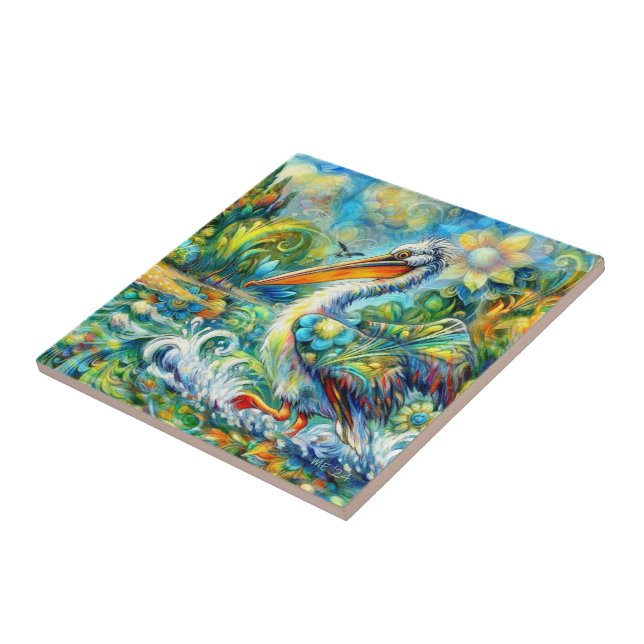 Azulejo De Cerâmica Pelicano no País das Maravilhas Amarelo Verde Flor (Lateral)