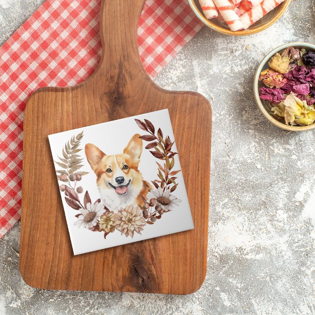Azulejo De Cerâmica Pembroke Welsh Corgi Dog Autumn Wreath (Criador carregado)