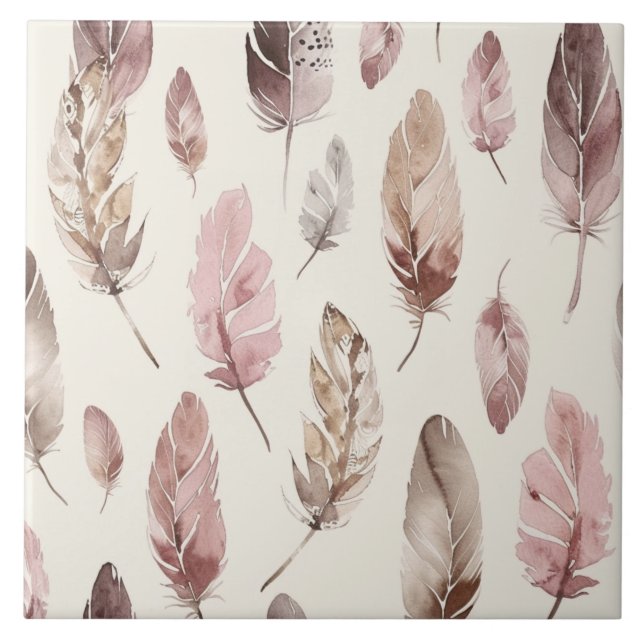 Azulejo De Cerâmica Penas castanhas cor-de-rosa (Frente)