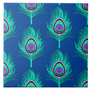 Azulejo De Cerâmica Penas de Pavão, Aqua no Azul Profundo de Cobalto