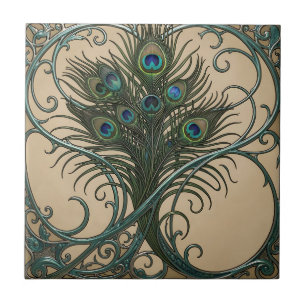 Azulejo De Cerâmica Penas de Pavão Arte Nova Ornada Moldura Azul