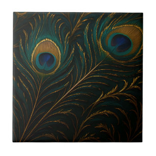 Azulejo De Cerâmica Penas de Pavão Luxuosas Padrão Dourado Turquesa