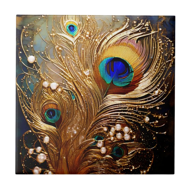 Azulejo De Cerâmica Penas de pavão pontos de pérola em forma de pelícu (Frente)