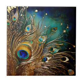 Azulejo De Cerâmica Penas de pavão pontos de pérola folha de ouro