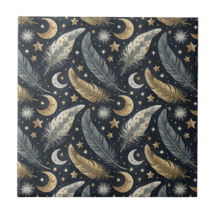 Azulejo De Cerâmica Penas Mágicas Celestiais com Padrão de Lua e Estre