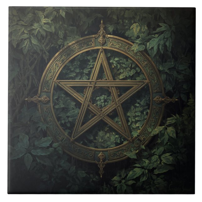 Azulejo De Cerâmica Pentáculo de Bruxa Verde Inspirado em Lemúria Com  (Frente)