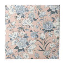 Azulejo De Cerâmica Peônias Azuis Floral Botânico Vintage Pêssego