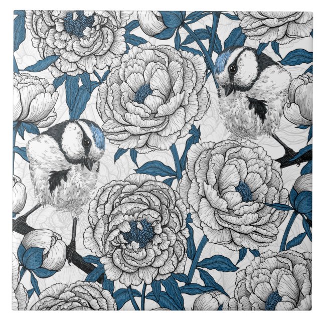 Azulejo De Cerâmica Pêonias brancas e pássaros-tetas azuis (Frente)