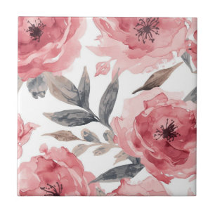 Azulejo De Cerâmica Peônias Rosa Pintadas Aquarela Floral Botânica