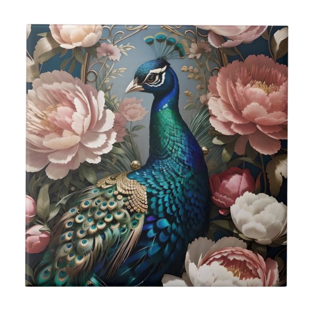 Azulejo De Cerâmica Peonias Rosa-Rosa-Peacock Elegantes (Frente)